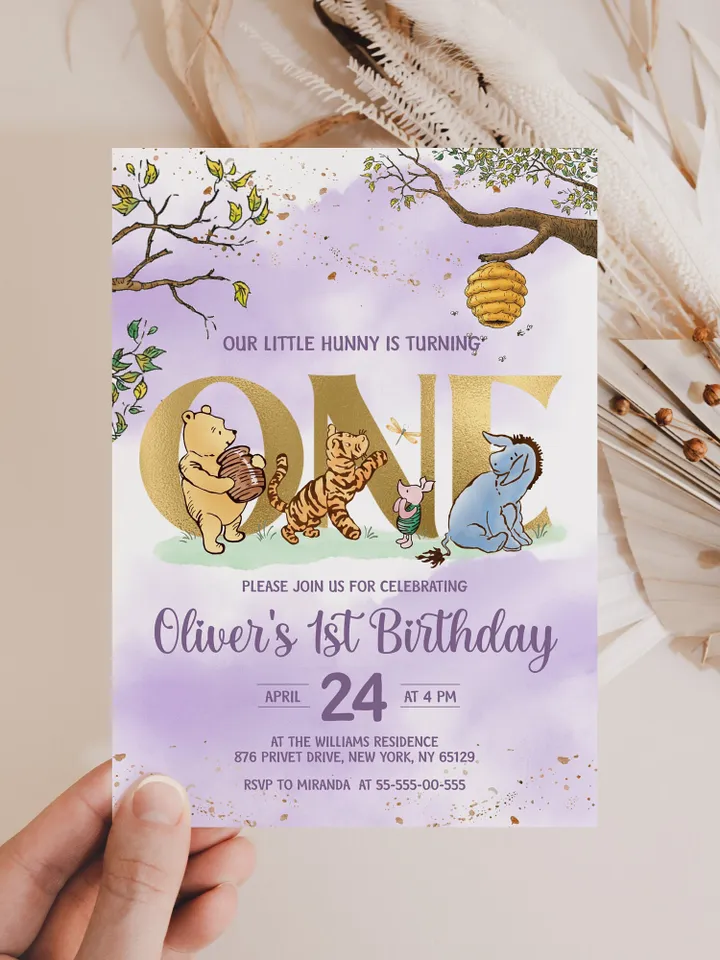Classic Winnie Pooh Baby Birthday Invitation; Winnie Pooh Baby Birthday ; Greenery Baby Birthday; Honey Bear Birthday; Winnie Pooh wp