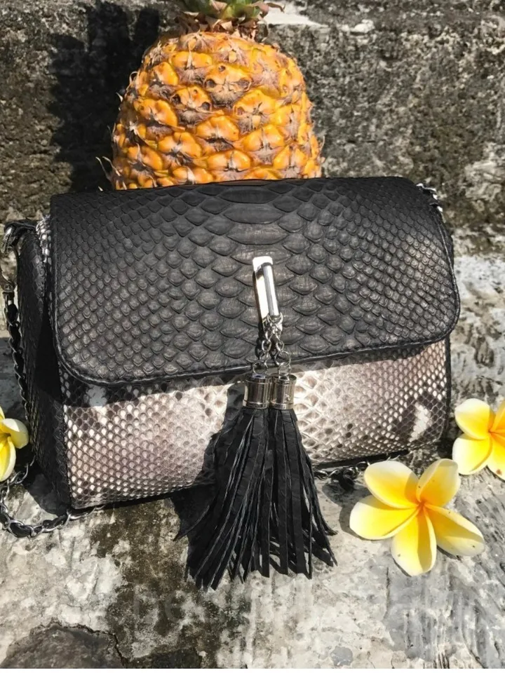 Small Black And Gray Chain Crossbody Bag | Classy Women Purse | Exotic Leather Bags | Handmade Snake Small Tassel Bag | Snakeskin clutch