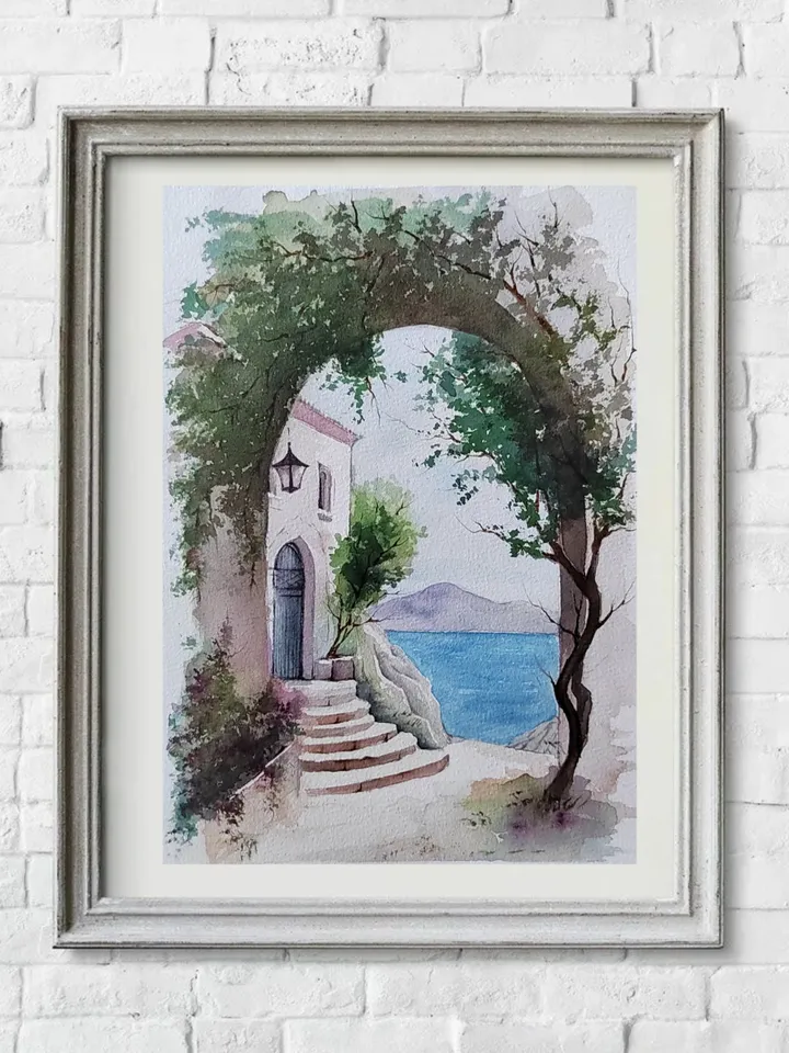 Greek Landscape Artwork Original Watercolor Painting Arch & Grape Vine 8.27x11.42 in by Art Café