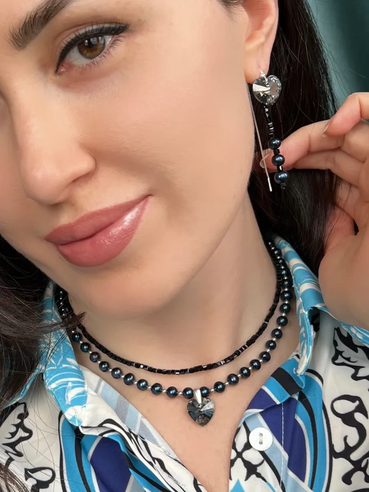 Pearl Silver 925 Jewelry Set Necklace Earrings BLACK HEART