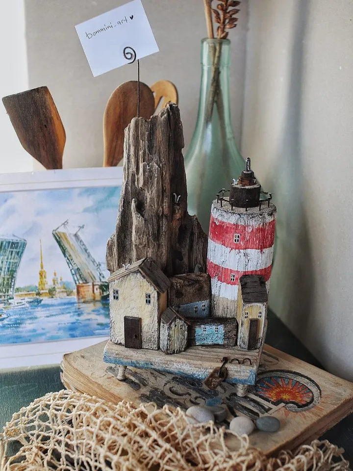 Driftwood art composition island photo holder handmade