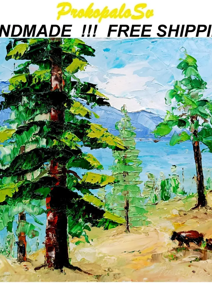 Lake Tahoe Painting Bears Art Sequoia Original Art National Park Impasto Oil Painting Small Impressionist Art Travel Gifts by ArtProkopaloSv