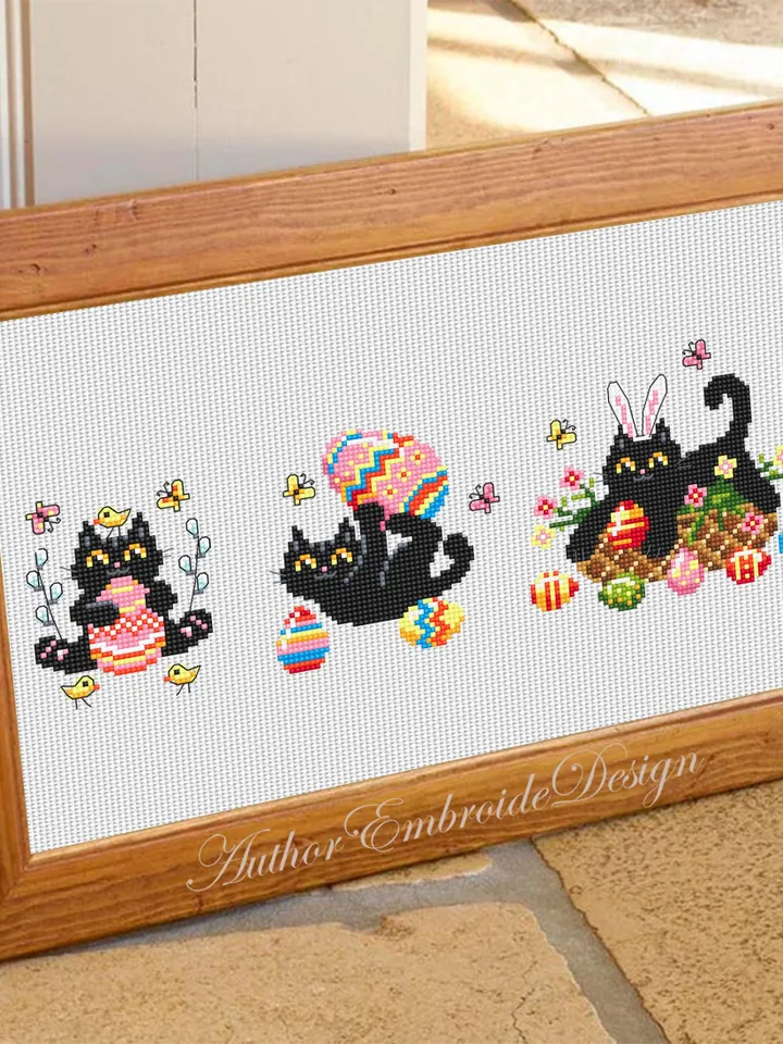 Set Black cat cross stitch pattern PDF download Easter cross stitch chart, Mini cat pattern digital PDF, Easter eggs, Cat holiday cards #T41
