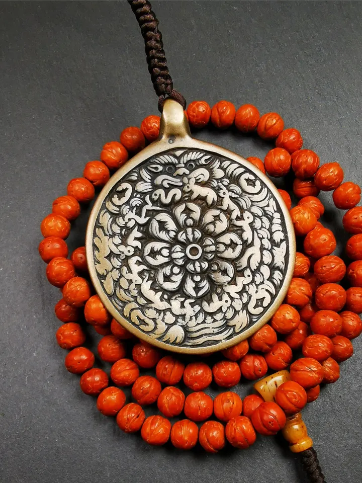 Gandhanra Vintage Tibetan Buddhist Calendar Badge,Melong Mirror, SIPAHO Amulet,Unique Mandala Flower Pattern,made of Lima Brass,2.16"
