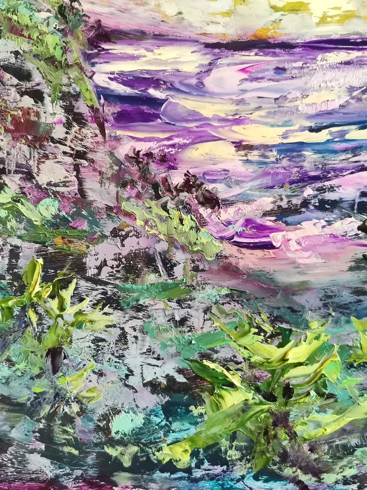 Palm Trees Sunset Sea Original Art Oil Painting Resort Rocks Artist Svinar Oksana