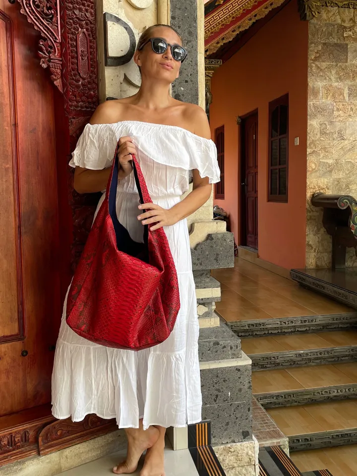 Big Soft Hobo Classy Sport Woman Bag | Purse Genuine Python Skin | Red Riva Elegant Leather Designer Soft Bag Snake | exotic leather purse