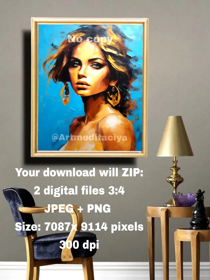 The digital abstract textural painting "Girl" in the style of oil painting with a palette knife on a blue background is a concise image of a beautiful brunette of European appearance with expressive brown eyes and golden strands of hair and gold earrings