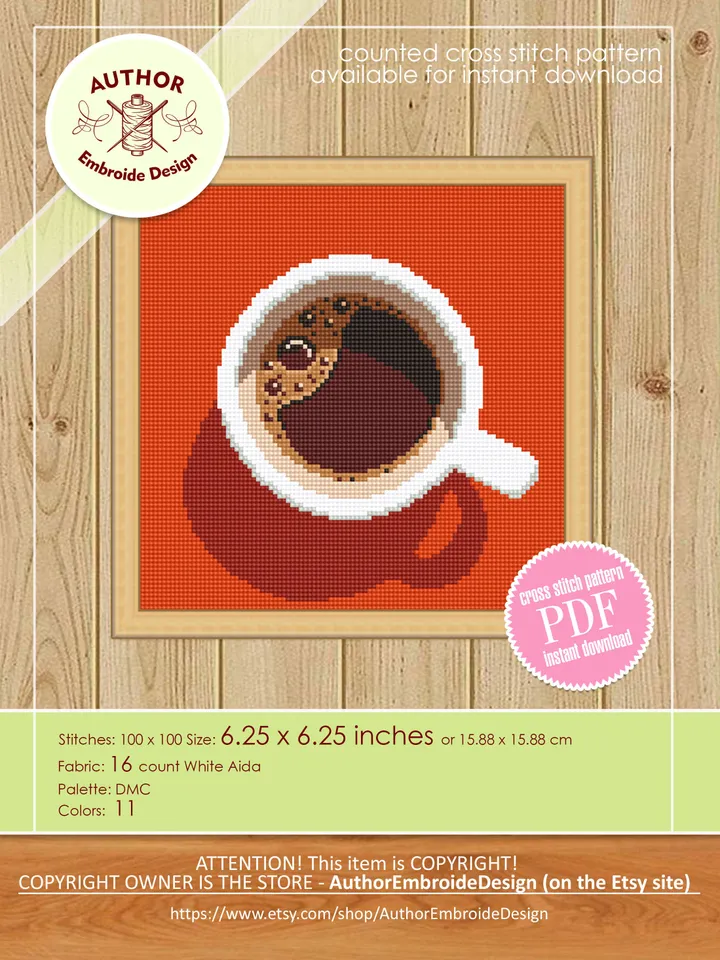 Coffee cross stitch pattern PDF download Kitchen cross stitch chart, Small coffee cup beginner embroidery PDF, Funny Coffee home decor #F15