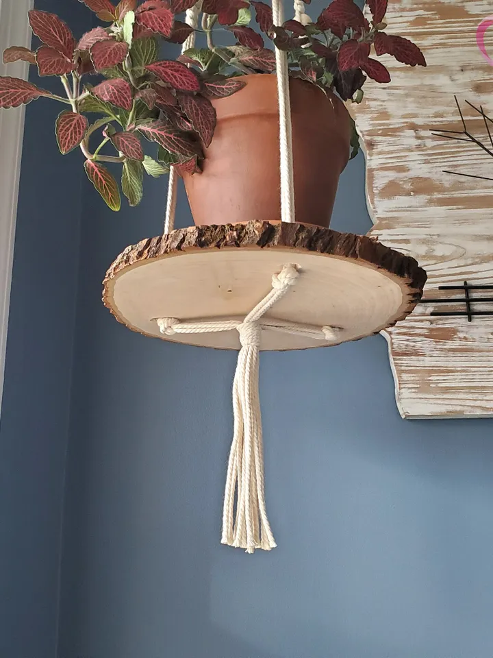 Macrame Plant Hanger with Live Edge Wood Shelf Boho Home Decor Plant Pot Holder Unique Housewarming Gift