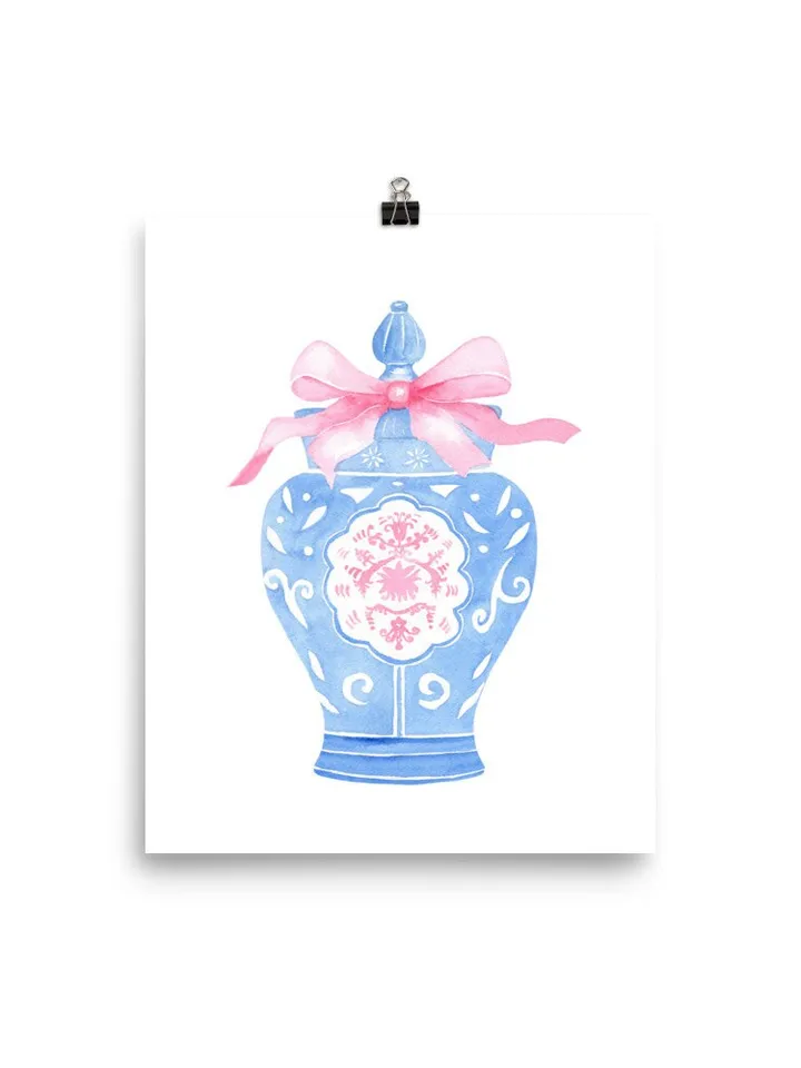 Blue Chinoiserie Vase,Digital Download, Set Of 2, Watercolor Painting With Pink Bow, Pink Ginger Jar, Blue And White Vase