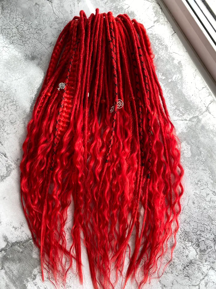 Red synthetic curly Double Ended Dreadlocks, Ready to ship