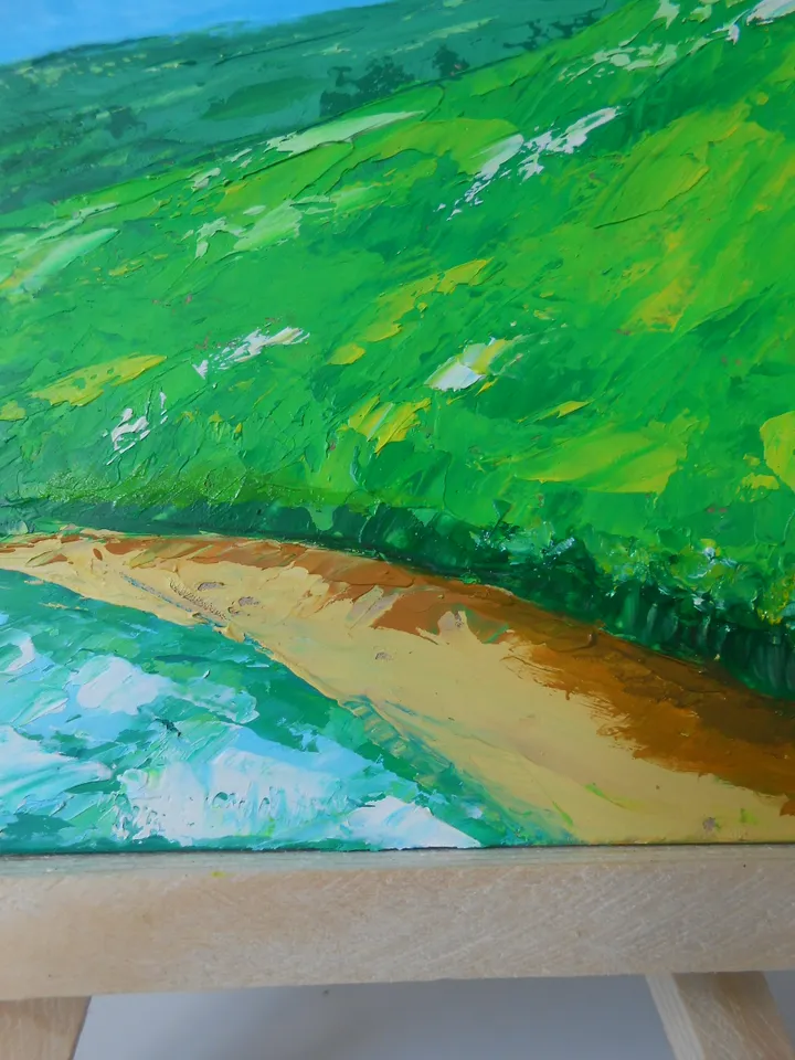 Mountains by the lake. Bright landscape with oil paints.