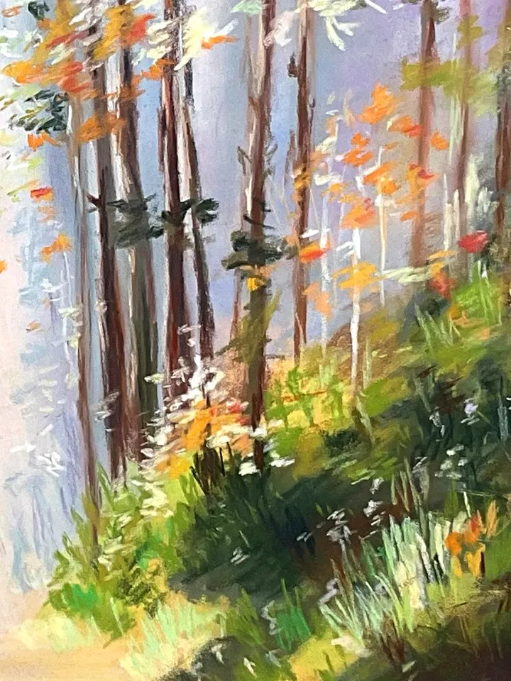 Sunlit Forest Pastel Painting by IrenFantasyArt – 12x16 Original Landscape on Pastelmat – Woodland Path Wall Art