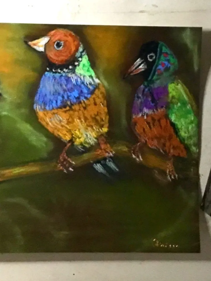 Funny birds painting ,3 friends, original pastel painting,bright colours.