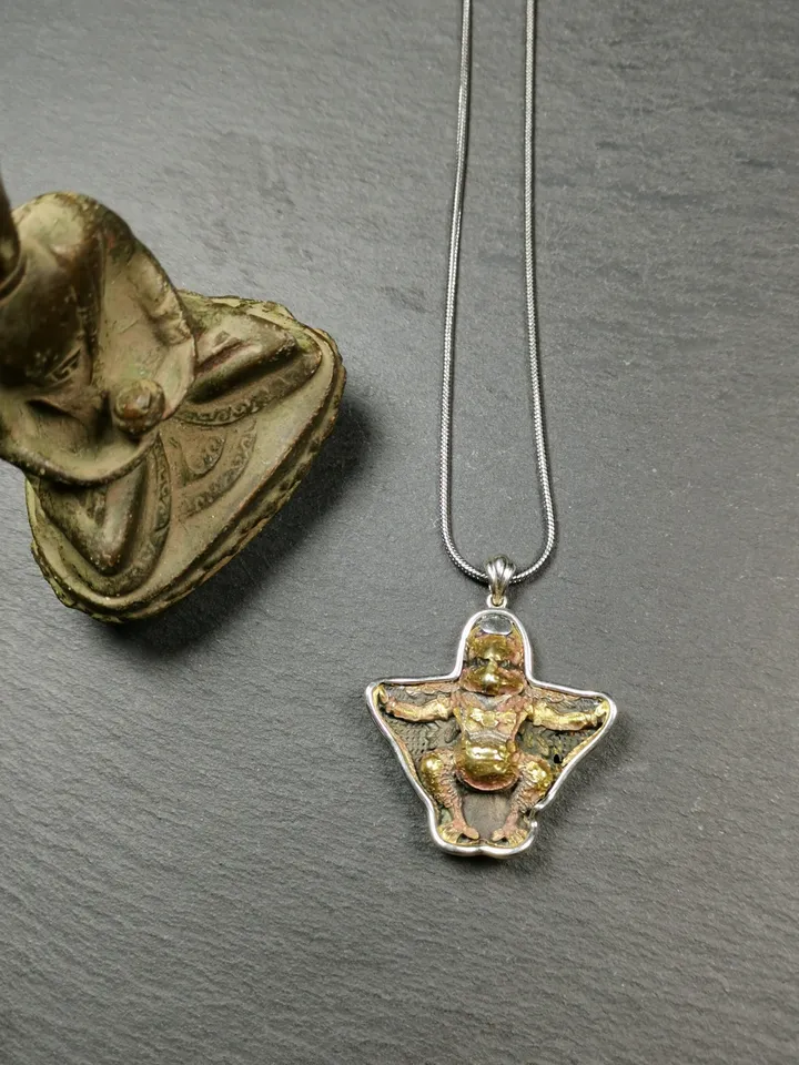 Exclusive Gandhanra Antique Garuda Bird Pendant | Rustic Tibetan Buddhist Amulet | 1.6 Hand-Carved Brass & Silver | 50 Years Old