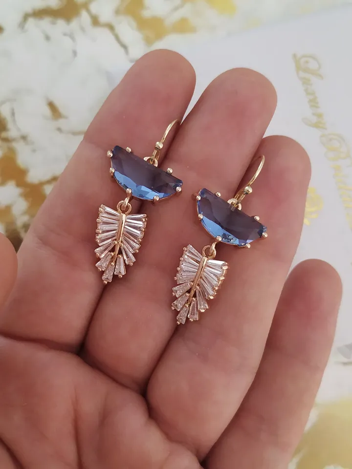Gold Blue Art Deco Wedding Earrings For Bride, Boho Bridal Earrings, Chandelier Stetement Earrings, Teardrop Earrings, Blue Bridal Jewelry