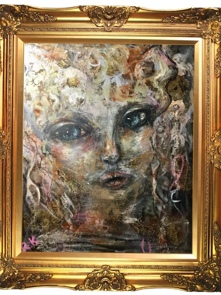 Fantasy woman-cat original acrylic mix media painting on canvas,one of a kind.