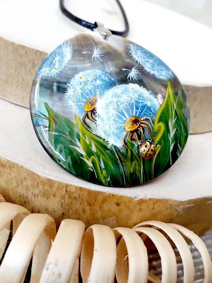 Whispering Dandelions: Hand-Painted Pearl Pendant in Green Grass - Nature's Delicate Charm, Symbol of Hope and Transformation