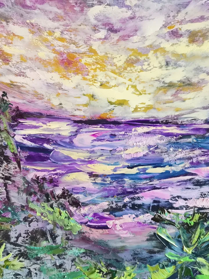 Palm Trees Sunset Sea Original Art Oil Painting Resort Rocks Artist Svinar Oksana