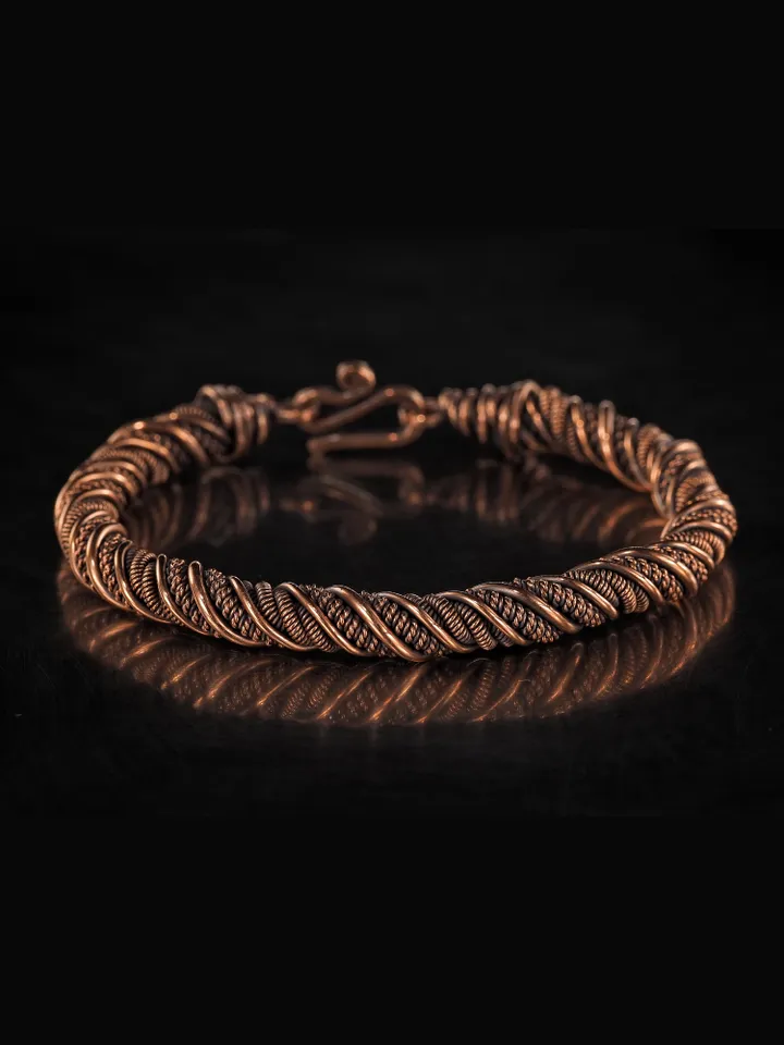 Narrow wire wrapped copper bracelet Unique metal bangle Handmade jewelry