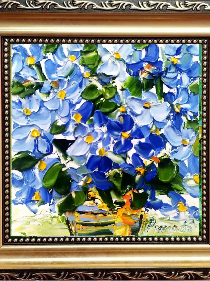 Forget-Me-Not Painting Cornflower Original Art Impasto Oil Painting 4x4 Blue Impasto Wildflower Wall Art Floral Meadow Painting Field