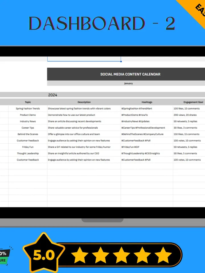 Social Media Content Calendar Template, Monthly Post Planner, Marketing Schedule, Google Sheets Editorial Calendar