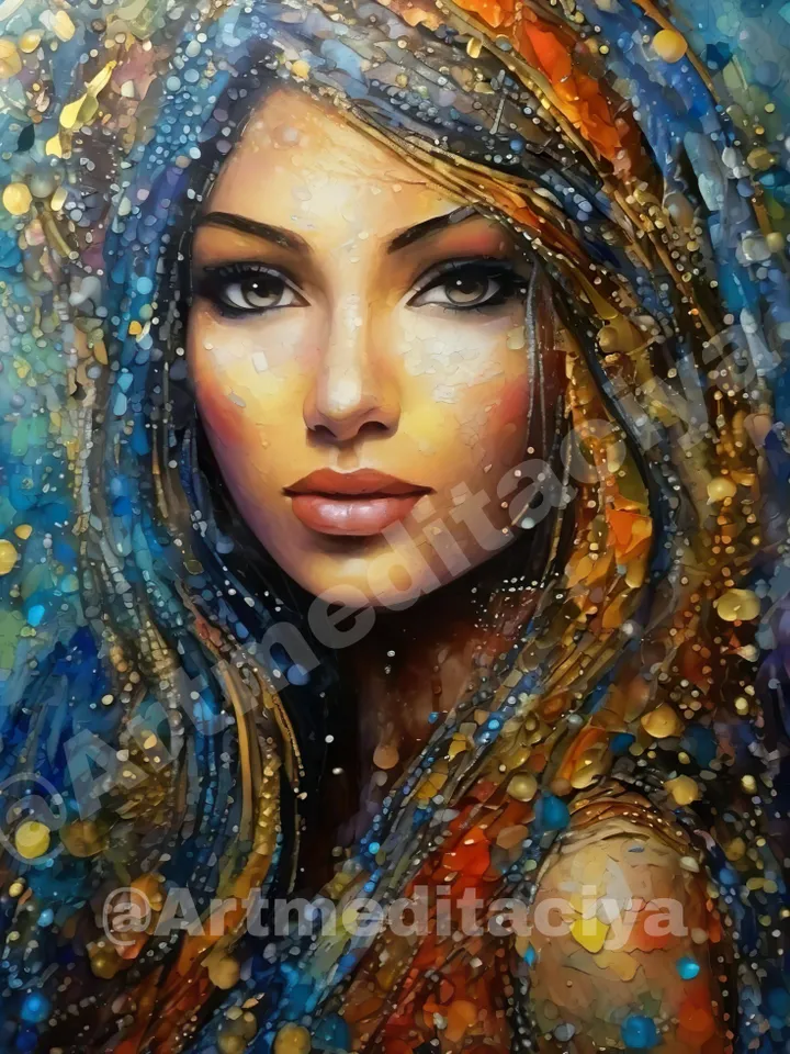 Digital abstract textural modern painting "Beauty from an Oriental fairy tale". An image of the texture of a gray-brown-eyed girl with long hair in an abstract multicolored form in the style of oil painting with a mix of zenart and pointillism