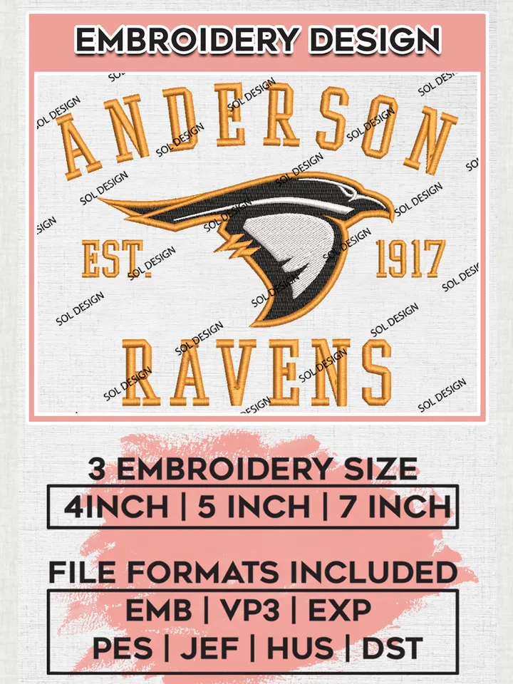 Anderson Ravens College Team Est 1917 Logo Embroidery Design Files, NCAA Anderson Ravens Machine Embroidery, NCAA Teams, 3 sizes, NCAA Machine embroidery designs, Digital Download