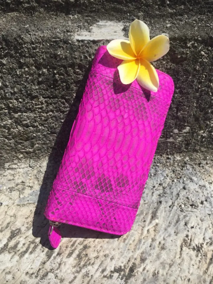 Wallet genuine python skin fuchsia bright color, women wallet, leather lady wallet, classic zip wallet, design wallet handmade, money wallet