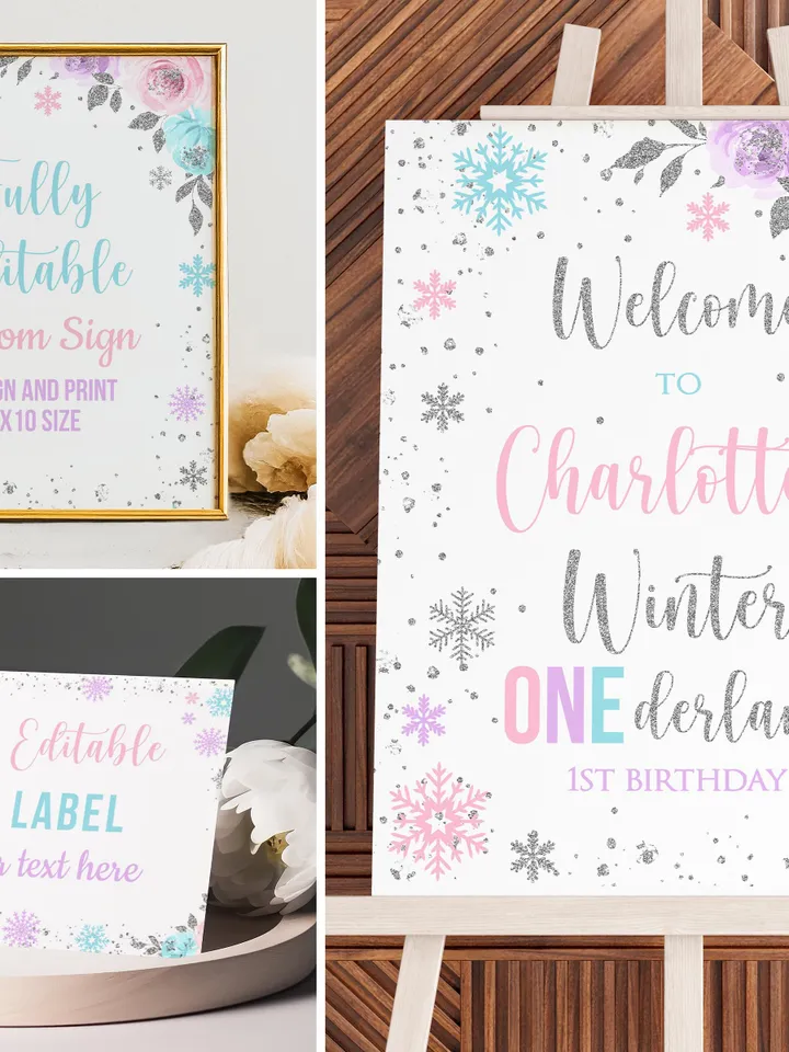 Winter Onederland Birthday Girl Decorations, Winter Onederland Birthday Party Package Bundle, Pink Blue Snowflakes Editable Template i098