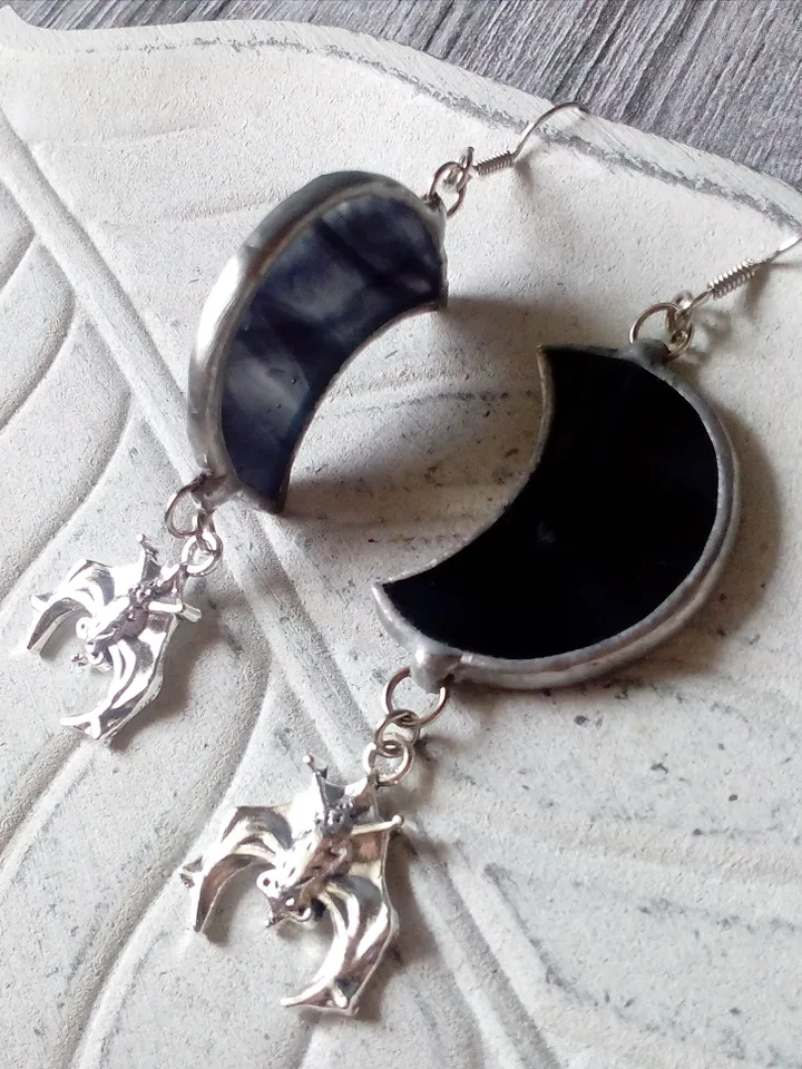 Glass crescent earrings, Bat earrings, Black crecsent, Witchy aesthetic, Witch earrings, Goth moon earrings, Halloween