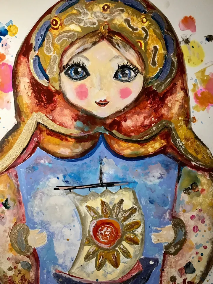 Russian fairytale matryoshka doll painting,original mix media painting on yupo paper,alcohol inks watercolour painting,modern wall art,gift.