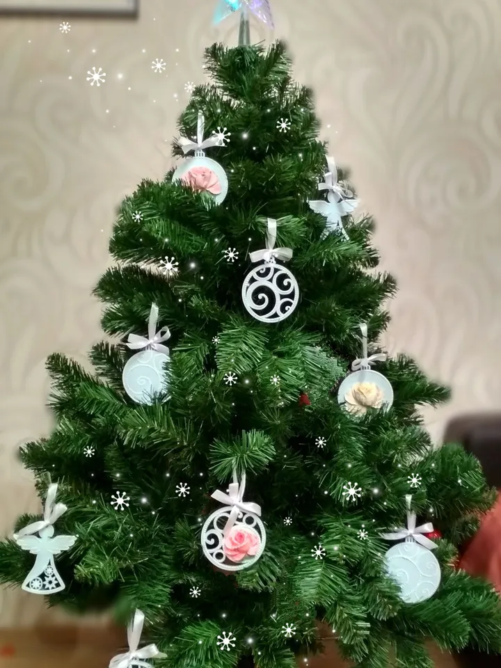 Set of 9 wooden christmas tree ornaments in blue color with 3D flowers and dot Safe for children and animals