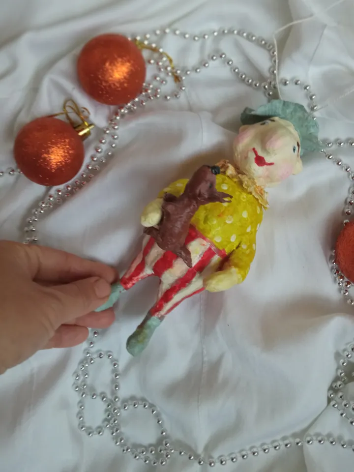 Pendant in vintage style Clown with a dog. Christmas tree decoration
Xmas tree toy. Christmas ideas. Holidays gifts Home decor indoor