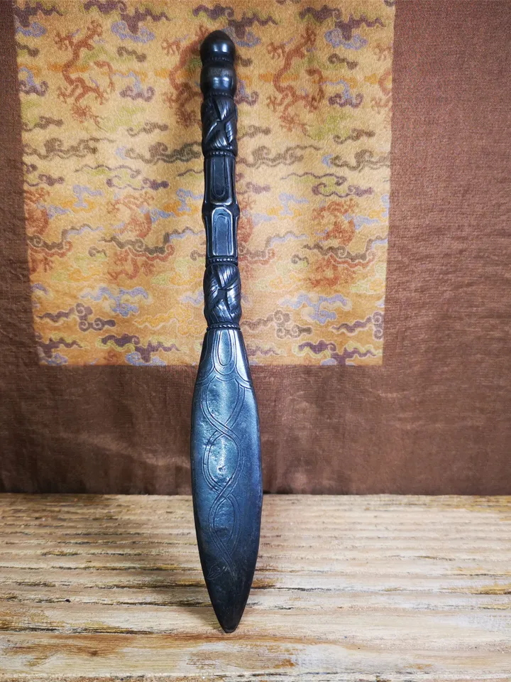 Gandhanra Handmade Tibetan Buddhist Ritual Implement - Kila -Dorje Phurba,Black Manjusri Sword,Made of Cold Iron inlaid with Copper, 9"