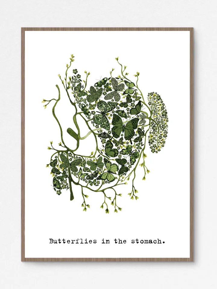 Watercolor poster "BUTTERFLIES IN STOMACH", green stomach illustration DIGITAL PRINT, Valentine's Day