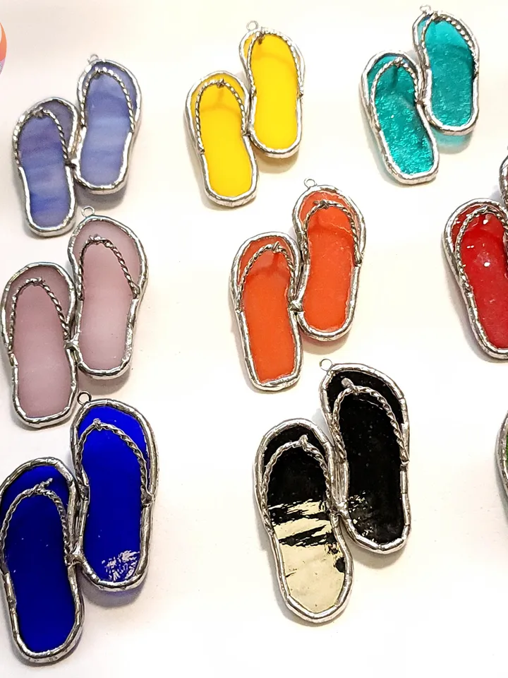 Real Stained Glass Flip Flop Car Charm or Bag Charm Suncatcher for Beach Lovers Cute Rear View Mirror Decoration Unique Purse Accessory