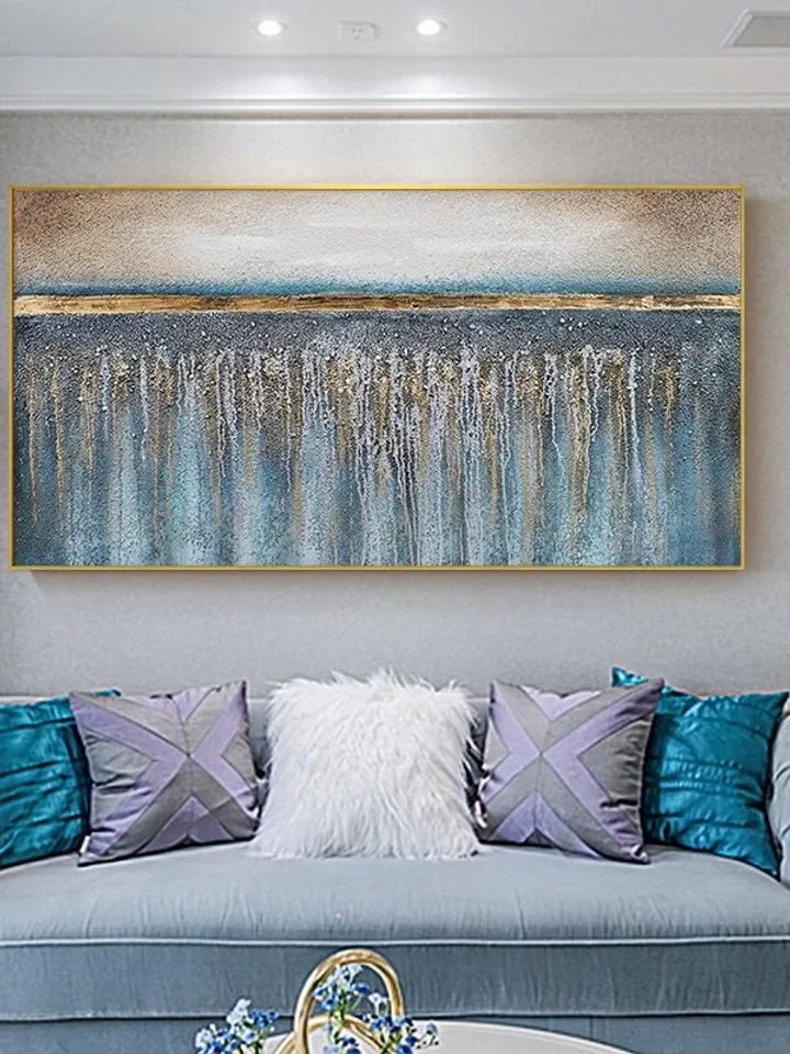 Hand-Painted Blue & Gold Oil Painting On Canvas Gold Foil Painting Flowing Painting Large Oil Painting Abstract Wall Art Spring Wall Decor