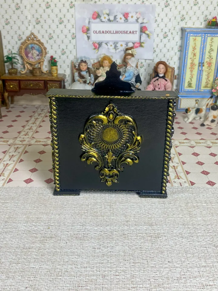 Vintage style doll sofa with gold trim. Black sofa. 1:12. Dollhouse miniature. Rare sofa for dolls. Handmade.