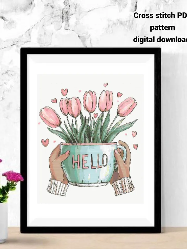Tulip cross stitch PDF pattern, Spring Flowers embroidery design, Instant download