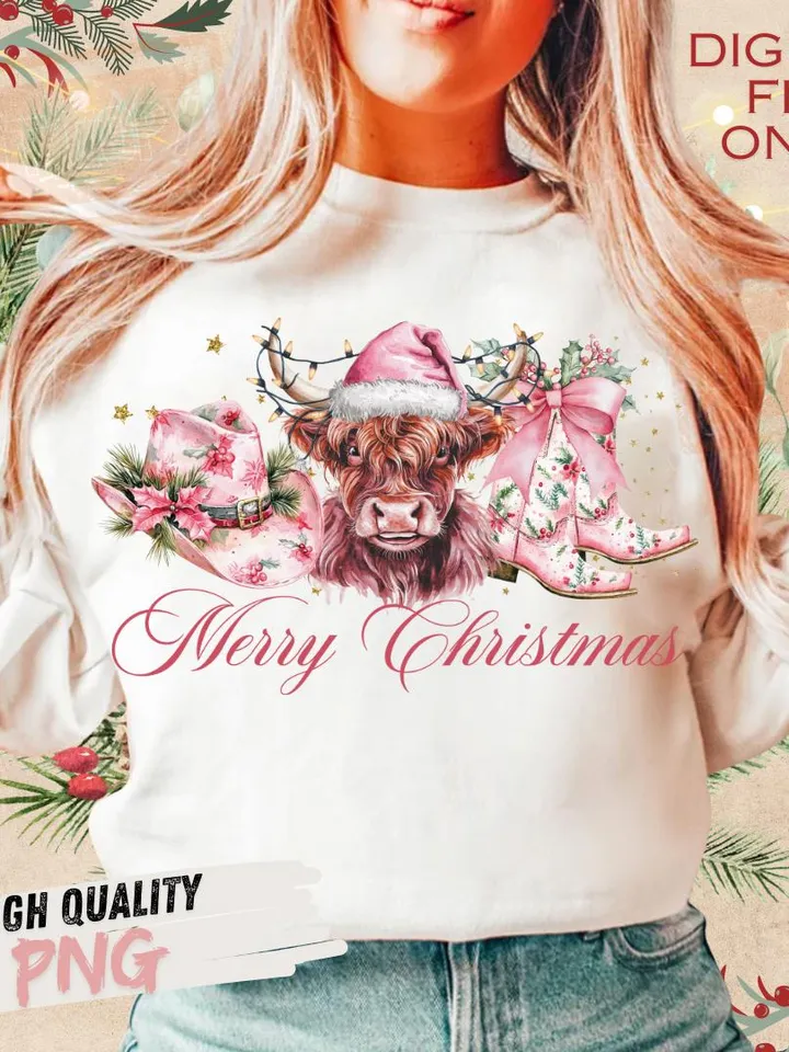 Pink Cowboy Christmas PNG, Merry Christmas, Western Sublimation, Highland cow png, Cowgirl Christmas png, Coquette country Christmas