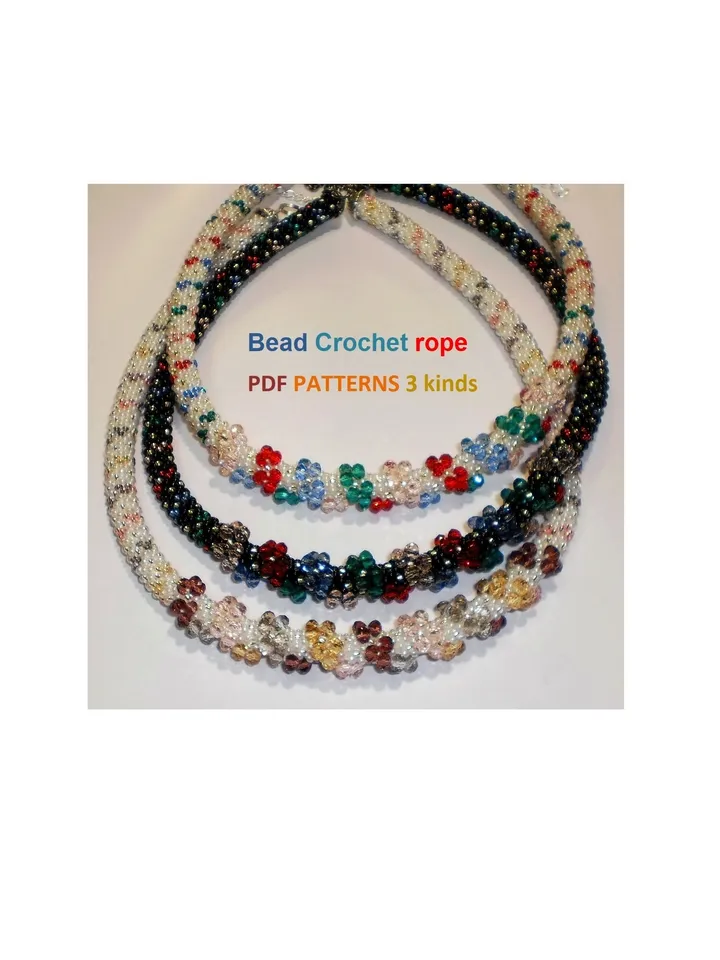 Slim Bead Crochet rope patterns, "Bows" necklace and bracelet, Slip Stitch, 3 Patterns, Instant Download, PDF fail