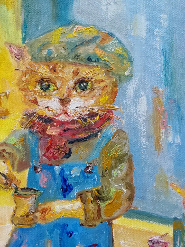 Oil painting on canvas "Cat Barista" 24x30cm (9.6x12 inch)