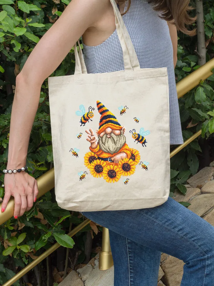 Sunflower gnome cross stitch pattern download PDF, Cute gnome pattern digital PDF, Bee gnome embroidery, Yellow sunflowers cross stitch #P34