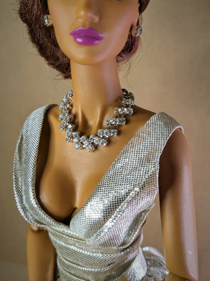 Silver pleated evening dress for 16 inch fashion doll