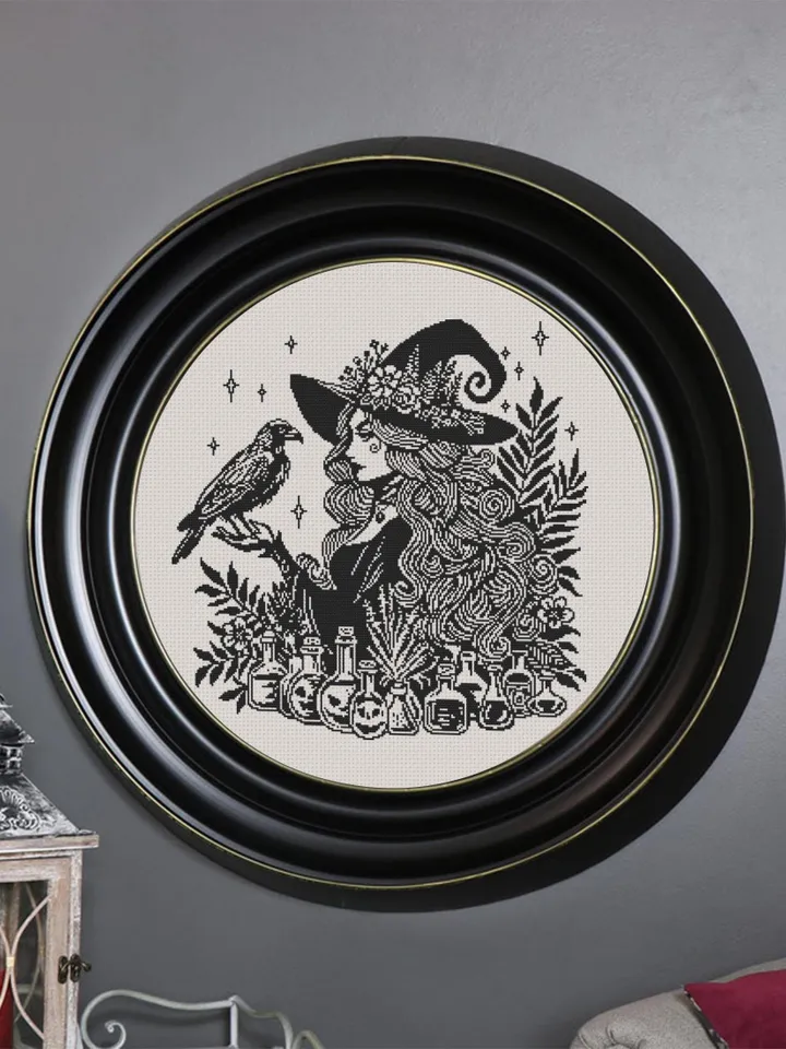 Halloween forest witch cross stitch pattern PDF download Halloween cross stitch chart monochrome, Gothic pattern digital PDF Black crow #H77
