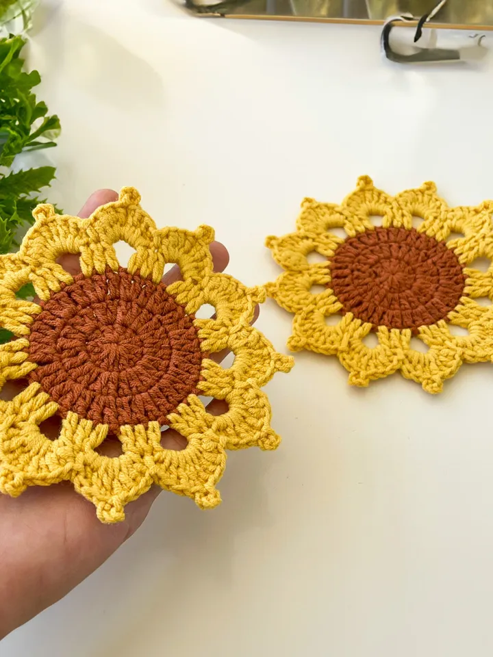 Cute Sunflower Crochet Coasters - Handmade Doily Coaster Set for Coffee and Tea - Fall Themed Sunflower Crochet Coaster Gift