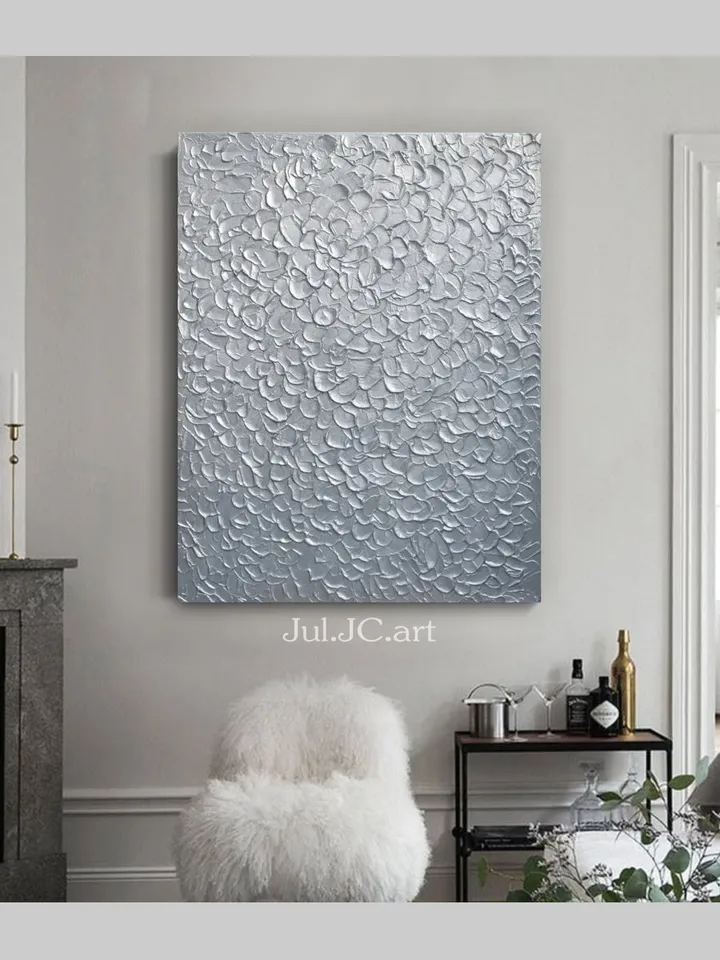 Silver Abstract Wall Art Glittery Silver Painting Textured artwork | Living room wall art Light Silver home decor