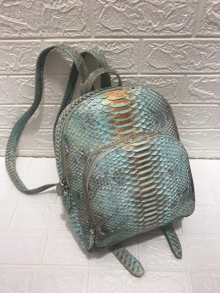 Genuine python skin blue backpack | designer women bags | exotic leather purse | trendy casual light blue snake backpack with pockets |
