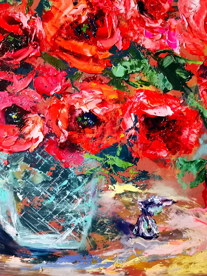Poppy Oil Painting Flowers Impasto Glass Vase Candy Original Artist Svinar Oksana